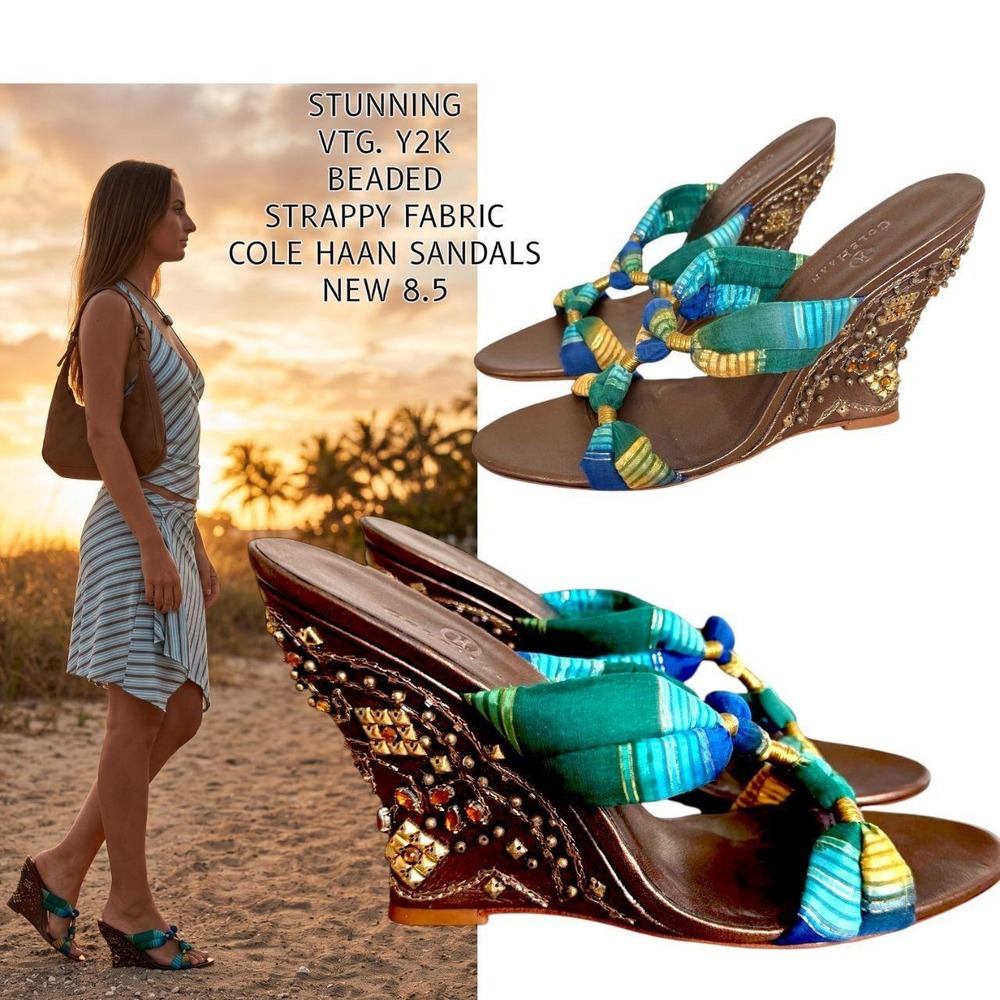Stunning rare vintage Y2K beaded fabric wedge sandals by cole haan NWOB size 8.5